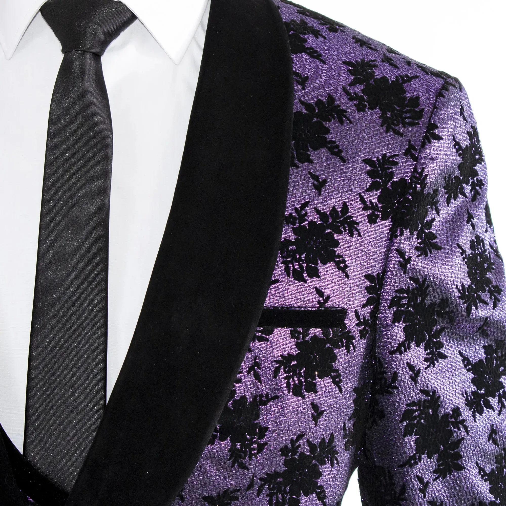 Purple with Black Floral Pattern 3-Piece Tailored-Fit Tuxedo